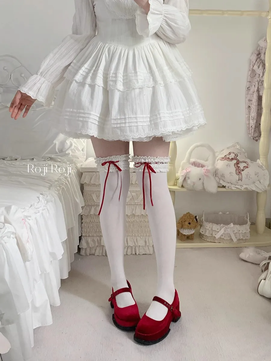 chaussettes japonaises en coton avec nœud, mi tube, dentelle, doux, lolita, genou, école, filles, kawaii, printemps, nouveau chaussettes japonaises en coton avec nœud, mi tube, dentelle, doux, lolita, genou, école, filles, kawaii, printemps, nouveau