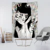 tapisserie murale suspendue de dessin animé d'horreur japonais, tapiz mystérieux, illustration d'horreur de dessin animé, décoration de salle d'art kawaii pour la maison