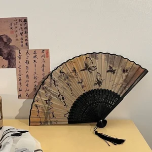 Éventail pliant chinois japonais en soie, tige colorée en bambou, éventail de danse classique, pompon élégant pour femme, décoration de la maison