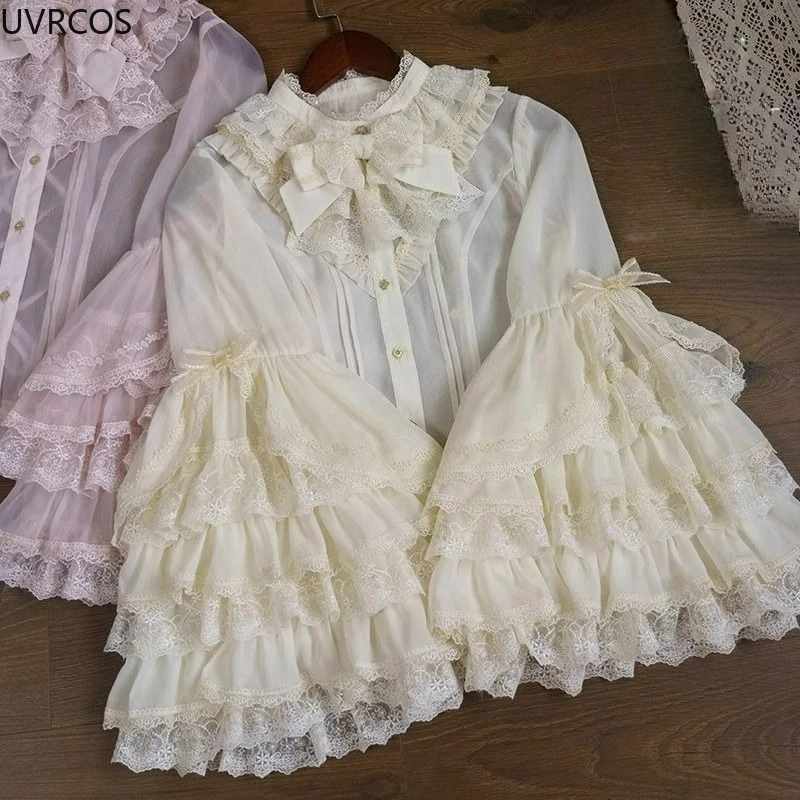rose japon lolita manches évasées doux nœud chemises y2k esthétique slash cou dentelle patchwork blouse femmes ample grunge à volants blusas rose japon lolita manches évasées doux nœud chemises y2k esthétique slash cou dentelle patchwork blouse femmes ample grunge à volants blusas