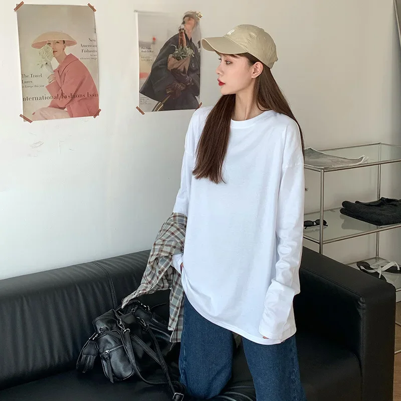 blanc couleur pure femmes t shirt étudiant début automne à manches longues débardeur style décontracté polyester tissu confortable coupe ajustée blanc couleur pure femmes t shirt étudiant début automne à manches longues débardeur style décontracté polyester tissu confortable coupe ajustée