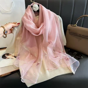 Mode coréenne mince foulard en soie élégant nœud broderie écharpe de luxe couleur unie dentelle écharpe enveloppes printemps