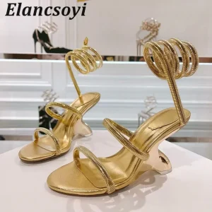 Sandales à enroulement en forme de salle de rinçage pour femmes, chaussures à talons hauts, gladiateur, Parker ouvert, robe de soirée, mode estivale, style étrange Sandales à enroulement en forme de salle de rinçage pour femmes, chaussures à talons hauts, gladiateur, Parker ouvert, robe de soirée, mode estivale, style étrange