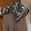 Écharpe de cheveux triangle noir sexy pour femmes, bande de sauna, broderie de fleurs, écharpe de sauna pure, foulard vintage français, accessoires photo de voyage