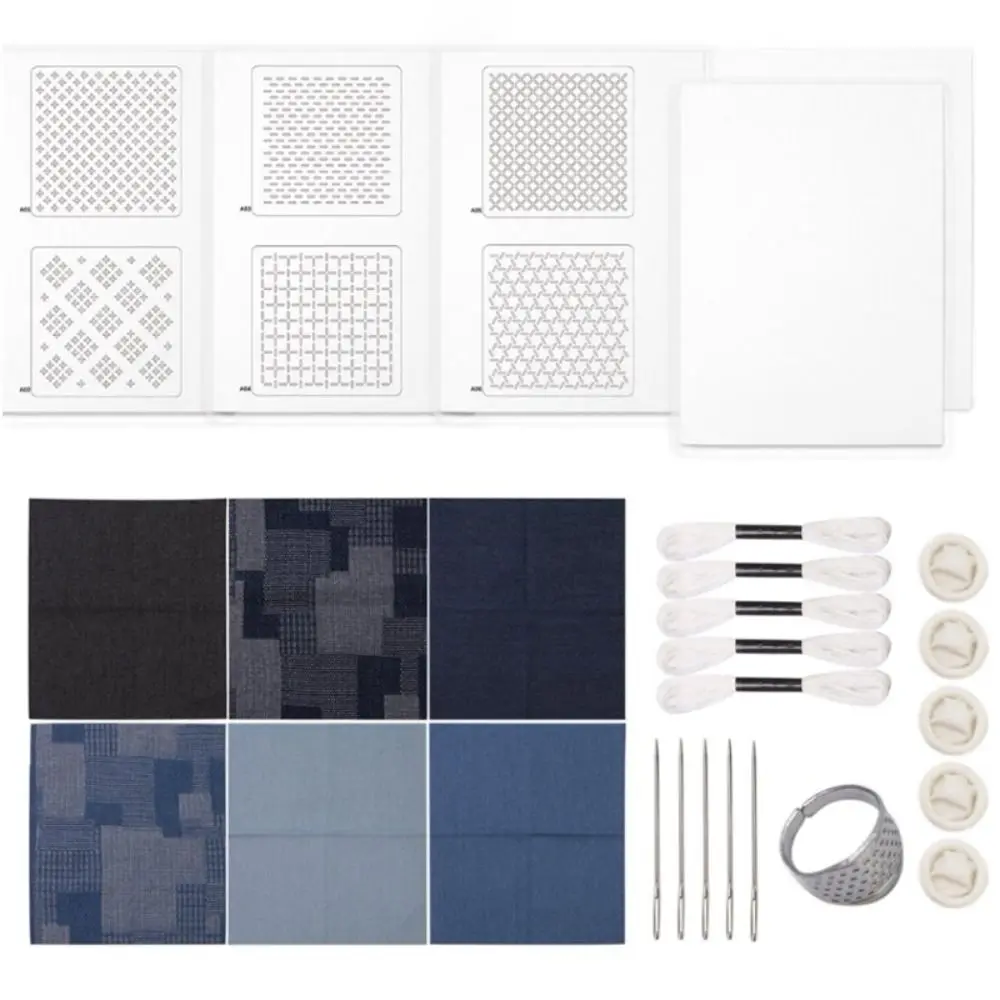 ensemble de broderie sashiko soluble dans l'eau pour débutant, tissu denim avec fil et aiguilles, kit de broderie à la main, portable et doux ensemble de broderie sashiko soluble dans l'eau pour débutant, tissu denim avec fil et aiguilles, kit de broderie à la main, portable et doux