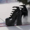 sandales noires à plateforme épaisse et talon bloc pour filles, chaussures de danse décontractées mates à lanières creuses, motif blanc, boucle à la cheville, bout rond