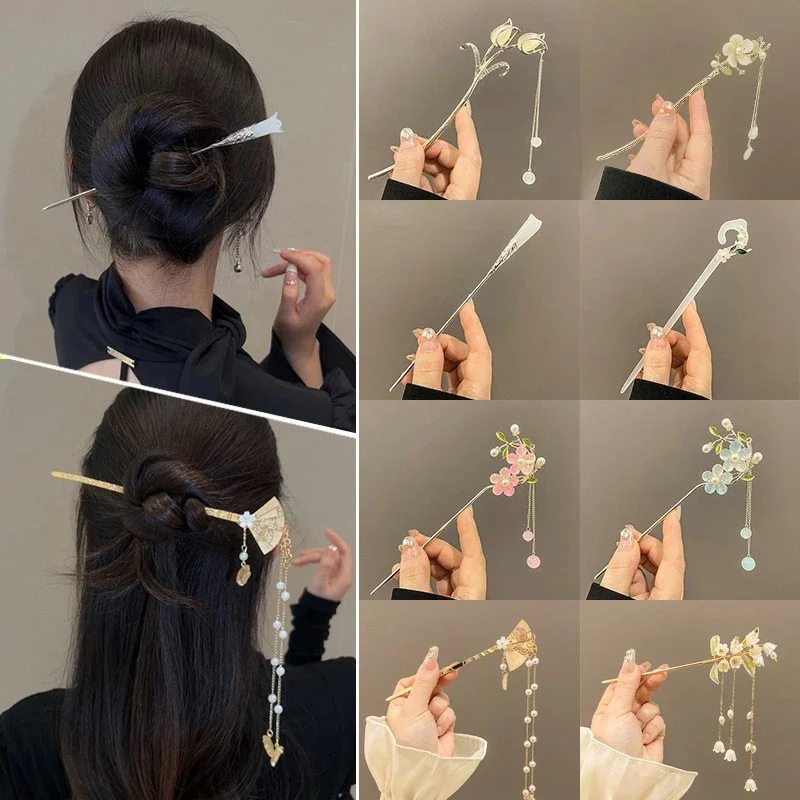 pince à cheveux élégante de style chinois, bâton à pompon, design floral traditionnel, accessoire de coiffure, bijoux pour femmes, épingle à cheveux, aiguille pour cheveux pince à cheveux élégante de style chinois, bâton à pompon, design floral traditionnel, accessoire de coiffure, bijoux pour femmes, épingle à cheveux, aiguille pour cheveux