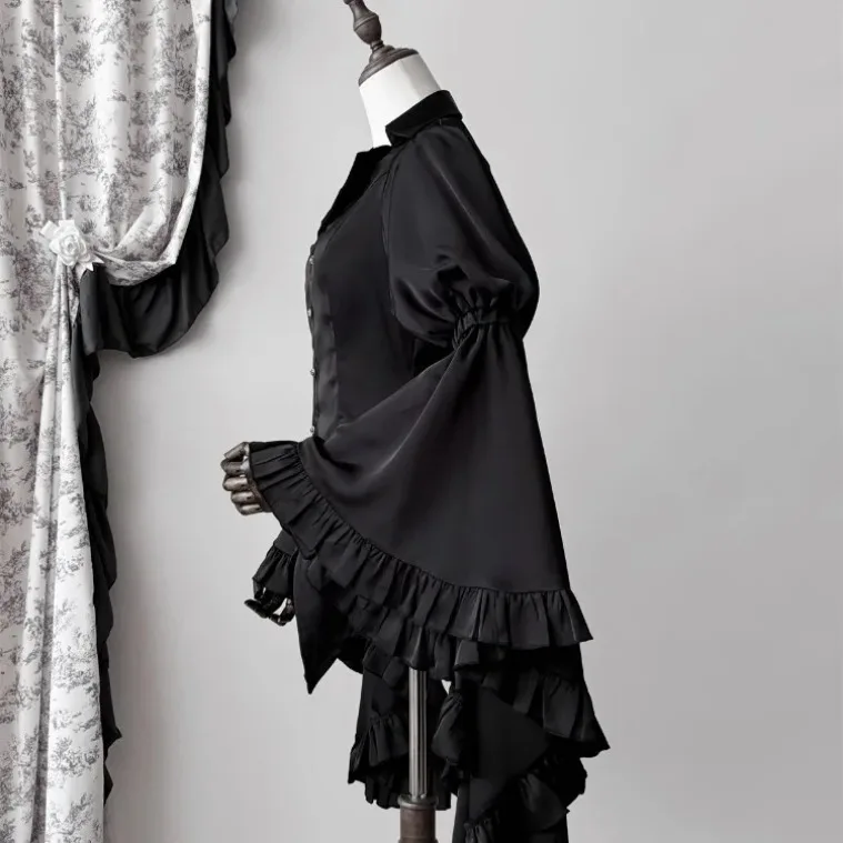 chemisiers à col en v vintage pour femmes, chemises ajustées, manches évasées, volants noirs, harajuku, lolita, y2k, automne, nouveau, 2025 chemisiers à col en v vintage pour femmes, chemises ajustées, manches évasées, volants noirs, harajuku, lolita, y2k, automne, nouveau, 2025