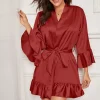 mode femmes solide kimono robe laçage cloche manches robe de bain soie satin courte robe de nuit femme mariage mariée demoiselle d'honneur sexy pei