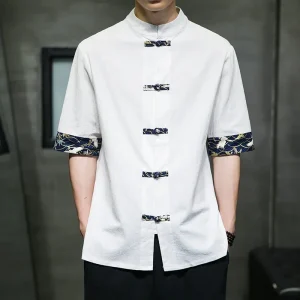 Chemise Kimono japonaise pour hommes, rétro chinois, imprimé décontracté, coton et lin, couture, hauts à manches courtes, haut d&rsquo;été de qualité, Streetwear pour hommes