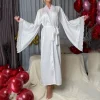 robe longue en satin pour femmes, vêtements de nuit en dentelle, patchwork, peignoir, manches évasées, chemise de nuit douce