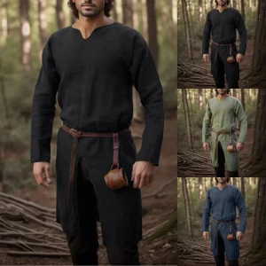 Chemise en lin rétro de la Renaissance médiévale, tunique longue pour hommes, vestes Vintage, Costumes de Cosplay de chevalier Vikings Pirate