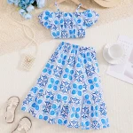 Ensemble de tenue florale bleue bohème, haut court exclusif à col licou et jupe portefeuille à fente haute, 2 pièces, ensemble de plage d&rsquo;été pour femmes