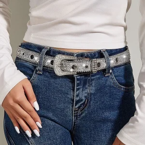Ceinture en cristal brillant argenté pour femmes, tendance, assortie avec des pantalons tendance Ceinture en cristal brillant argenté pour femmes, tendance, assortie avec des pantalons tendance