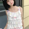 débardeur bandage brodé japonais kawaii pour femmes, y2k, esthétique, imprimé chat de dessin animé, mignon, harajuku, camisoles brodées à volants