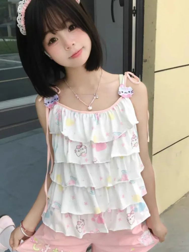 débardeur bandage brodé japonais kawaii pour femmes, y2k, esthétique, imprimé chat de dessin animé, mignon, harajuku, camisoles brodées à volants débardeur bandage brodé japonais kawaii pour femmes, y2k, esthétique, imprimé chat de dessin animé, mignon, harajuku, camisoles brodées à volants
