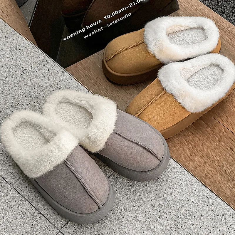 pantoufles d'hiver en daim pour femmes, chaussures chaudes et moelleuses, à la mode, pour l'intérieur, décontractées, en peluche, plateforme antidérapante pantoufles d'hiver en daim pour femmes, chaussures chaudes et moelleuses, à la mode, pour l'intérieur, décontractées, en peluche, plateforme antidérapante
