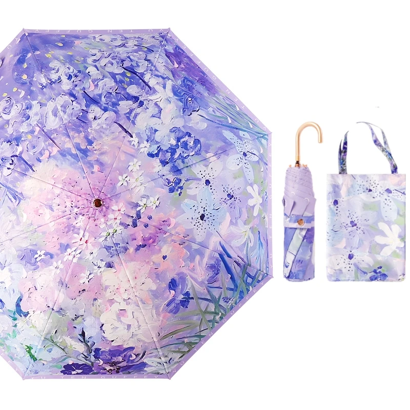 peinture à l'huile élégante florale upf50 + parapluie pour soleil pluie poignée incurvée crochet doré parapluies pliants protection uv parasol peinture à l'huile élégante florale upf50 + parapluie pour soleil pluie poignée incurvée crochet doré parapluies pliants protection uv parasol