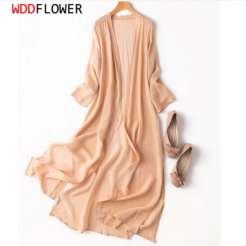 Kimono en soie naturelle pour femmes, Long Cardigan, châle, Blouse, été, plage, couleurs unies, 100%, MM148 Kimono en soie naturelle pour femmes, Long Cardigan, châle, Blouse, été, plage, couleurs unies, 100%, MM148