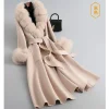 zdfurs manteau en cachemire réversible mi long pour femme, grande jupe en laine, col en fourrure de renard, hiver