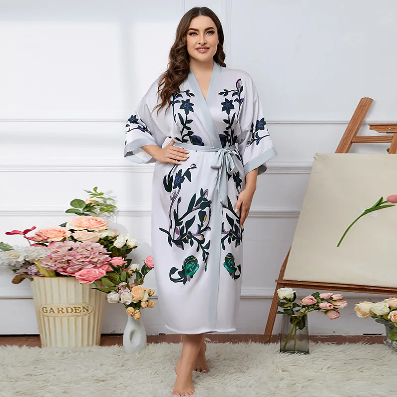 robe kimono longue surdimensionnée pour femmes, peignoir en satin imprimé, col en v, ample, chemise de nuit avec ceinture, rayonne, vêtements de détente robe kimono longue surdimensionnée pour femmes, peignoir en satin imprimé, col en v, ample, chemise de nuit avec ceinture, rayonne, vêtements de détente