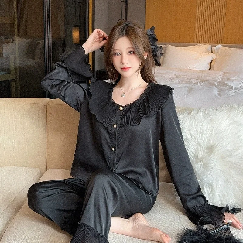 pyjama en soie glacée pour femme, manches longues, mignon, nouveau style, soie fine, à volants, chemise et pantalon, vêtements de détente, printemps automne pyjama en soie glacée pour femme, manches longues, mignon, nouveau style, soie fine, à volants, chemise et pantalon, vêtements de détente, printemps automne