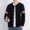 veste cardigan tricotée pour hommes, automne et hiver, style collégial, pull à col montant en pin large, pull décontracté à rayures coréennes