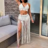 femmes deux pièces maillot de bain plage couvrir mode couleur unie tricoté taille haute gland jupe longue maillot de bain couvrir bikini