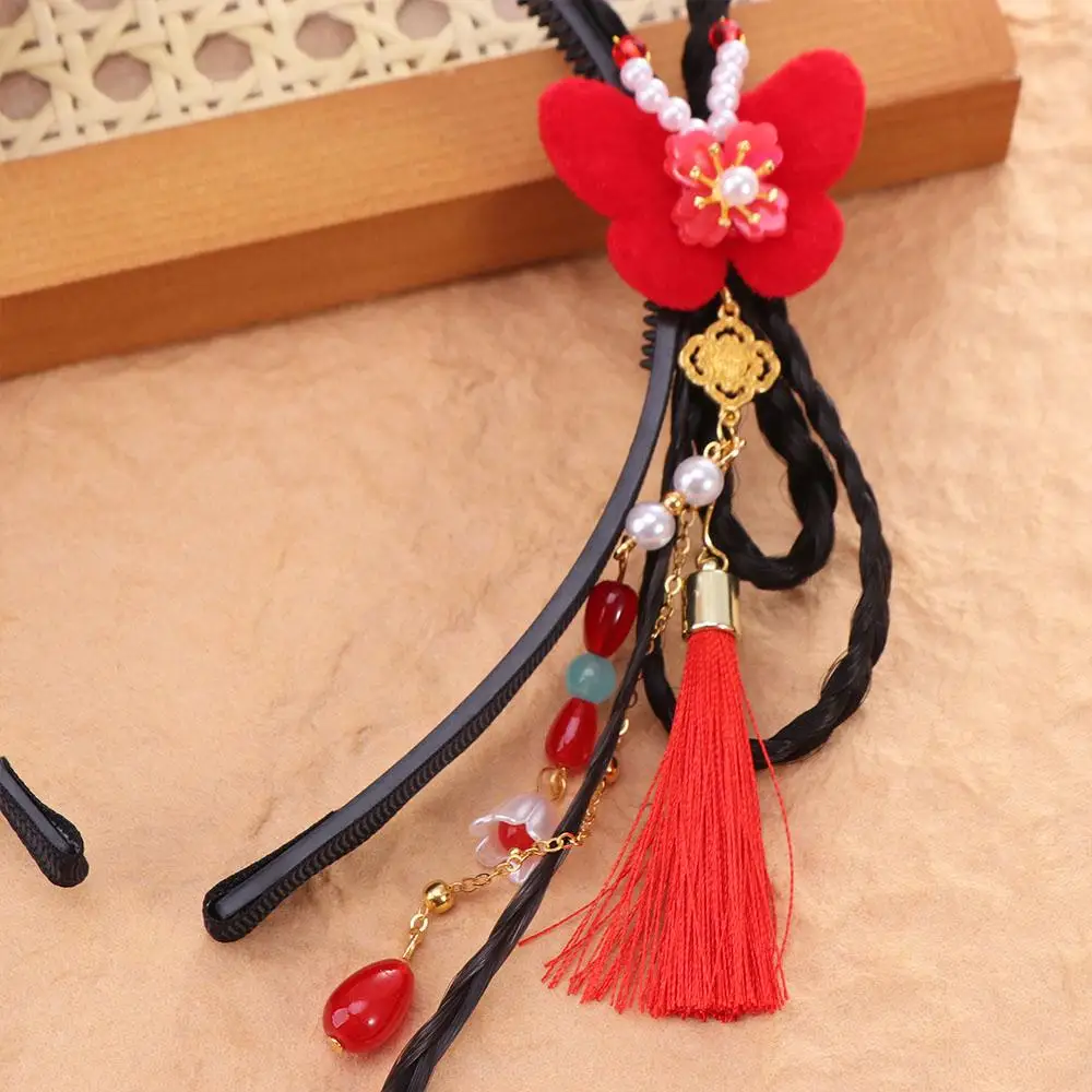 perruque hanfu de style chinois traditionnel, bandeau rouge à pampilles à fleurs anciennes, mignon, perle, couvre chef du nouvel an pour enfants perruque hanfu de style chinois traditionnel, bandeau rouge à pampilles à fleurs anciennes, mignon, perle, couvre chef du nouvel an pour enfants