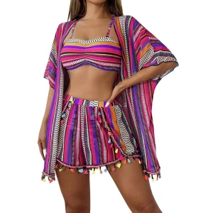 4 pièces taille haute Bikini Shorts 2025 femmes avec Kimono vêtements de plage rayé imprimé maillot de bain Sexy maillots de bain femme maillots de bain