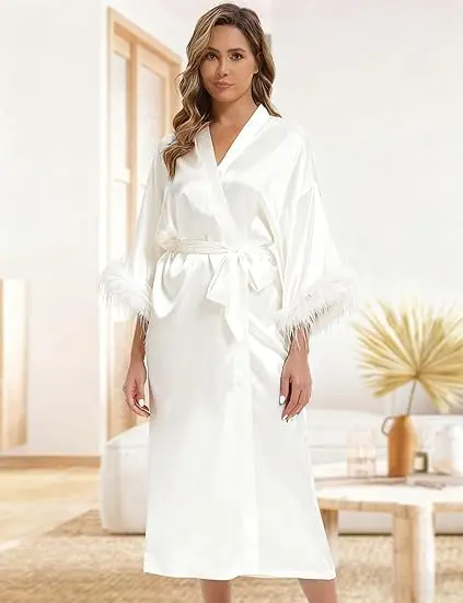 robe de mariée pour le jour de mariage, avec plumes, longue, kimono en satin, pour enterrement de vie de jeune fille, tenues prêtes robe de mariée pour le jour de mariage, avec plumes, longue, kimono en satin, pour enterrement de vie de jeune fille, tenues prêtes