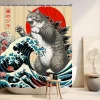 rideau de douche chat japonais, art ondulé de coucher de soleil d'anime vintage, tissu imperméable avec crochets