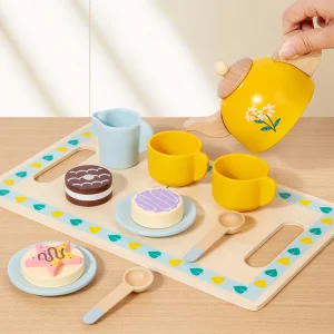 Ensemble de jouets de thé de l&rsquo;après-midi en bois, jouet de jeu de rôle pour enfants, idéal pour le jeu de rôle de fête de thé et le développement des compétences sociales