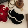 chouchou en velours rouge pour femmes, grand bandeau en caoutchouc pour filles, élastique en perles, corde pour cheveux surdimensionnée, chouchou géant noir