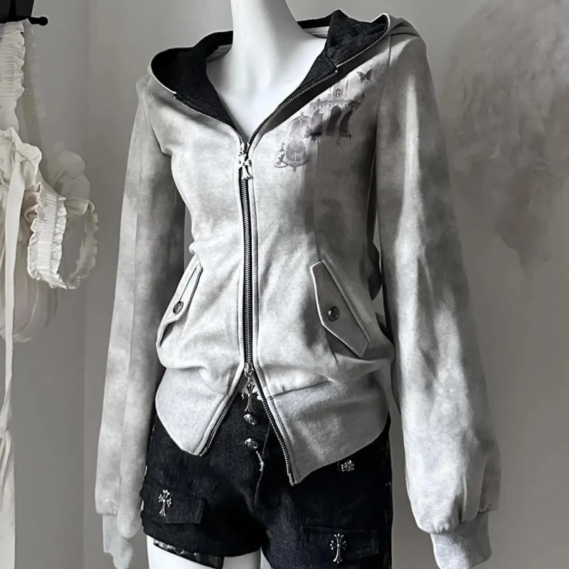 sweat à capuche gothique gris harajuku pour femmes, vintage américain y2k hottie, veste amincissante, sous culture d'automne, manteau cardigan à fermeture éclair, nouvelle collection sweat à capuche gothique gris harajuku pour femmes, vintage américain y2k hottie, veste amincissante, sous culture d'automne, manteau cardigan à fermeture éclair, nouvelle collection