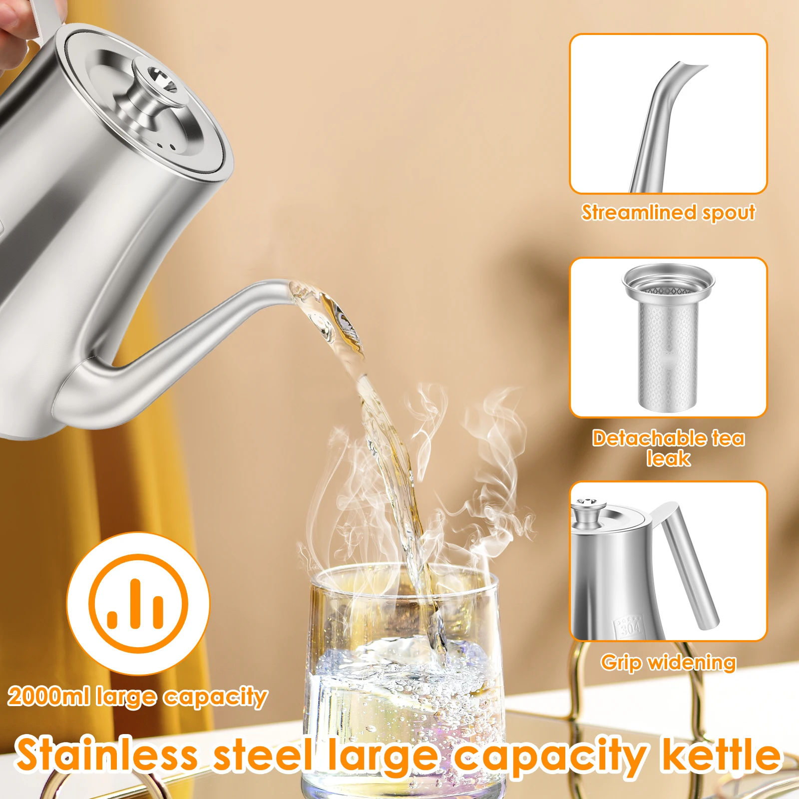 théière en acier inoxydable 2l avec infuseur amovible, bouilloire épaisse de grande capacité, service à thé, induction de gaz, camping à domicile théière en acier inoxydable 2l avec infuseur amovible, bouilloire épaisse de grande capacité, service à thé, induction de gaz, camping à domicile