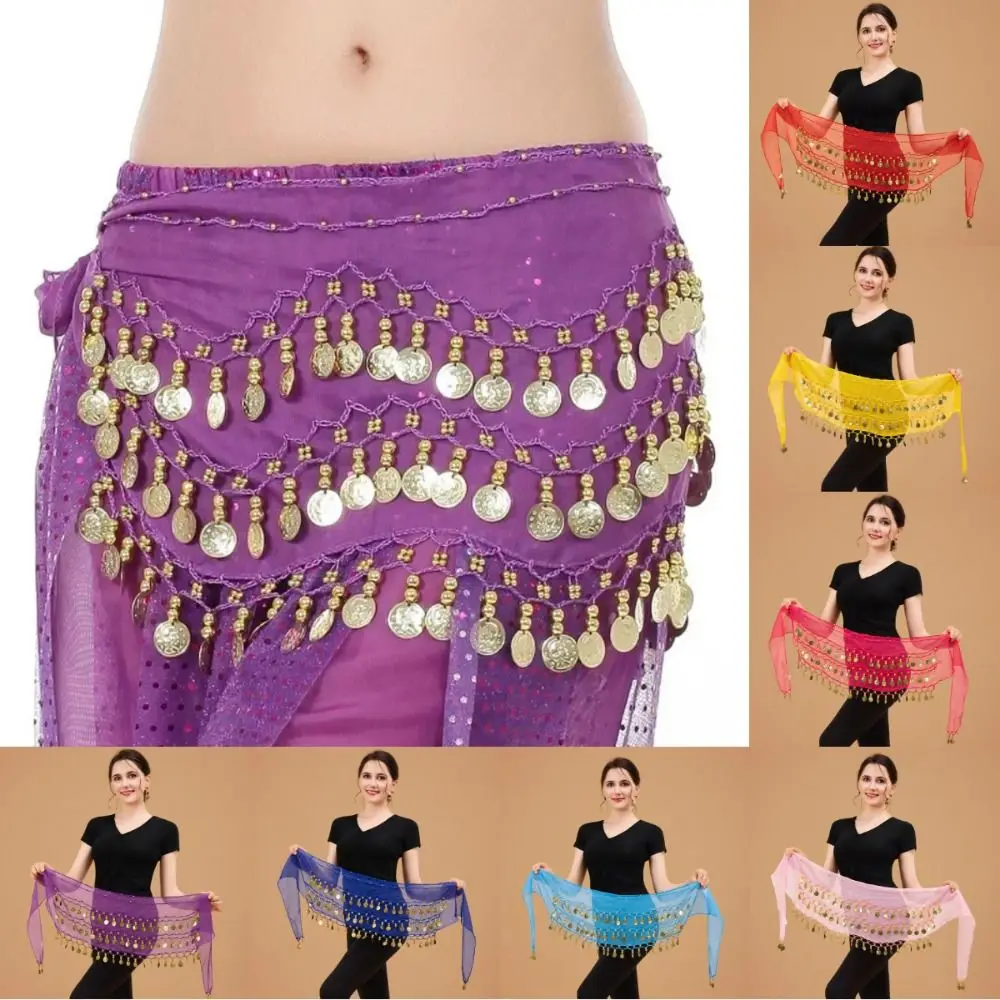 Écharpe de hanche pour danse du ventre, pièces de monnaie de couleur or, matériau en mousseline de soie réglable, chaîne de taille, facile à porter, trois couches Écharpe de hanche pour danse du ventre, pièces de monnaie de couleur or, matériau en mousseline de soie réglable, chaîne de taille, facile à porter, trois couches