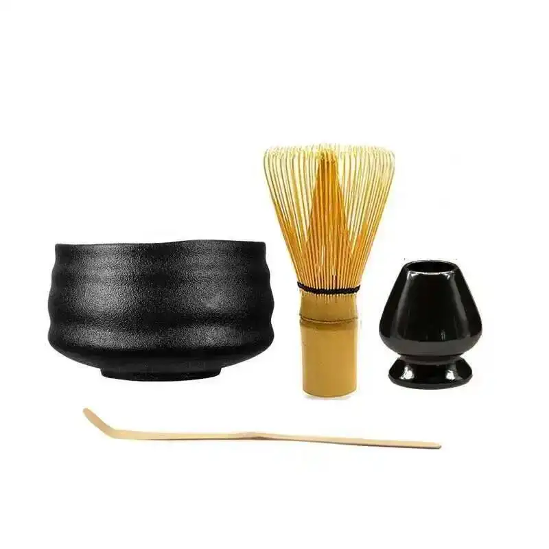 Élégant brut mat noir céramique chawan four émaillé à la main japonais matcha bol bambou fouet support cuillère Élégant brut mat noir céramique chawan four émaillé à la main japonais matcha bol bambou fouet support cuillère