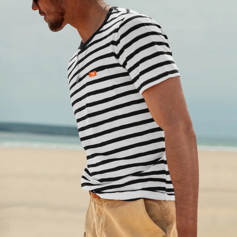t shirt rayé à manches courtes et col rond pour homme, vêtement décontracté, confortable, respirant, brodé, à la mode, Été, 2024 t shirt rayé à manches courtes et col rond pour homme, vêtement décontracté, confortable, respirant, brodé, à la mode, Été, 2024