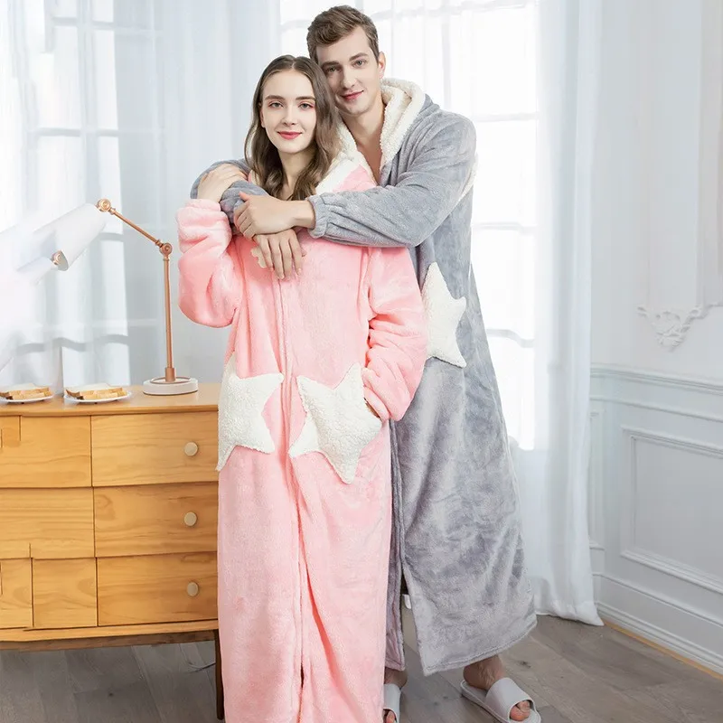 peignoir kimono à capuche et fermeture éclair pour femme, vêtement de nuit chaud en molleton de corail, ample, pour couple, chemise de nuit étoile mignonne, hiver peignoir kimono à capuche et fermeture éclair pour femme, vêtement de nuit chaud en molleton de corail, ample, pour couple, chemise de nuit étoile mignonne, hiver