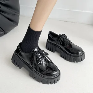 Rimocy-Chaussures Oxford à plateforme en cuir verni pour femmes, appartements à lacets décontractés, chaussures épaisses noires, printemps, 2025 Rimocy-Chaussures Oxford à plateforme en cuir verni pour femmes, appartements à lacets décontractés, chaussures épaisses noires, printemps, 2025