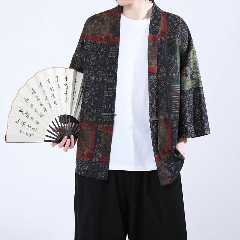 chemise kimono à manches courtes, nouveau modèle, haut ethnique avec boutons à nœud de style chinois, design ouvert sur le devant d'inspiration japonaise, léger chemise kimono à manches courtes, nouveau modèle, haut ethnique avec boutons à nœud de style chinois, design ouvert sur le devant d'inspiration japonaise, léger