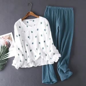 Pyjama cactus en crêpe de coton pour femme, pantalon à manches longues, confortable, service à domicile, nouveau style japonais, printemps et automne Pyjama cactus en crêpe de coton pour femme, pantalon à manches longues, confortable, service à domicile, nouveau style japonais, printemps et automne