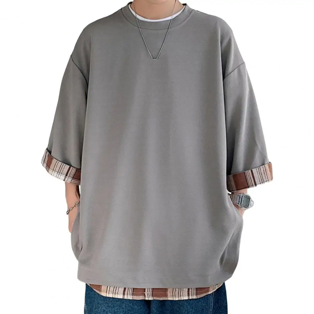 t shirts d'été pour hommes, style coréen, ample, faux deux pièces, mi long, grande taille, manches trois quarts, streetwear, haut d'extérieur t shirts d'été pour hommes, style coréen, ample, faux deux pièces, mi long, grande taille, manches trois quarts, streetwear, haut d'extérieur