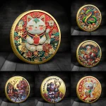 Pièce commémorative de chat porte-bonheur coloré plaqué or, collection en métal, décoration Feng Shui, chance du chat, pièce de collection