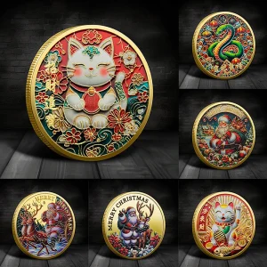 Pièce commémorative de chat porte-bonheur coloré plaqué or, collection en métal, décoration Feng Shui, chance du chat, pièce de collection Pièce commémorative de chat porte-bonheur coloré plaqué or, collection en métal, décoration Feng Shui, chance du chat, pièce de collection