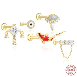 AIDE 1PC 925 en argent Sterling chanceux rouge Koi Piercing boucle d&rsquo;oreille pour les femmes chaîne géométrique Zircon oreille os boucles d&rsquo;oreilles bijoux fins