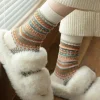 chaussettes de style ethnique japonais pour hommes et femmes, vintage, couleur maillard, mi tube, imprimées à rayures, amples, automne et hiver