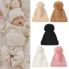 Chapeau en coton élastique au Crochet avec pompons tricoté hiver chaud bébé chapeau belle couleur unie bonnets nouveau-né casquettes chapeaux nouveau