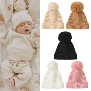 Chapeau en coton élastique au Crochet avec pompons tricoté hiver chaud bébé chapeau belle couleur unie bonnets nouveau-né casquettes chapeaux nouveau